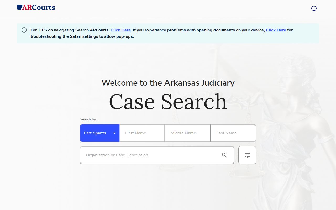 Search ARCourts public participant and case-search interface for Clark County records